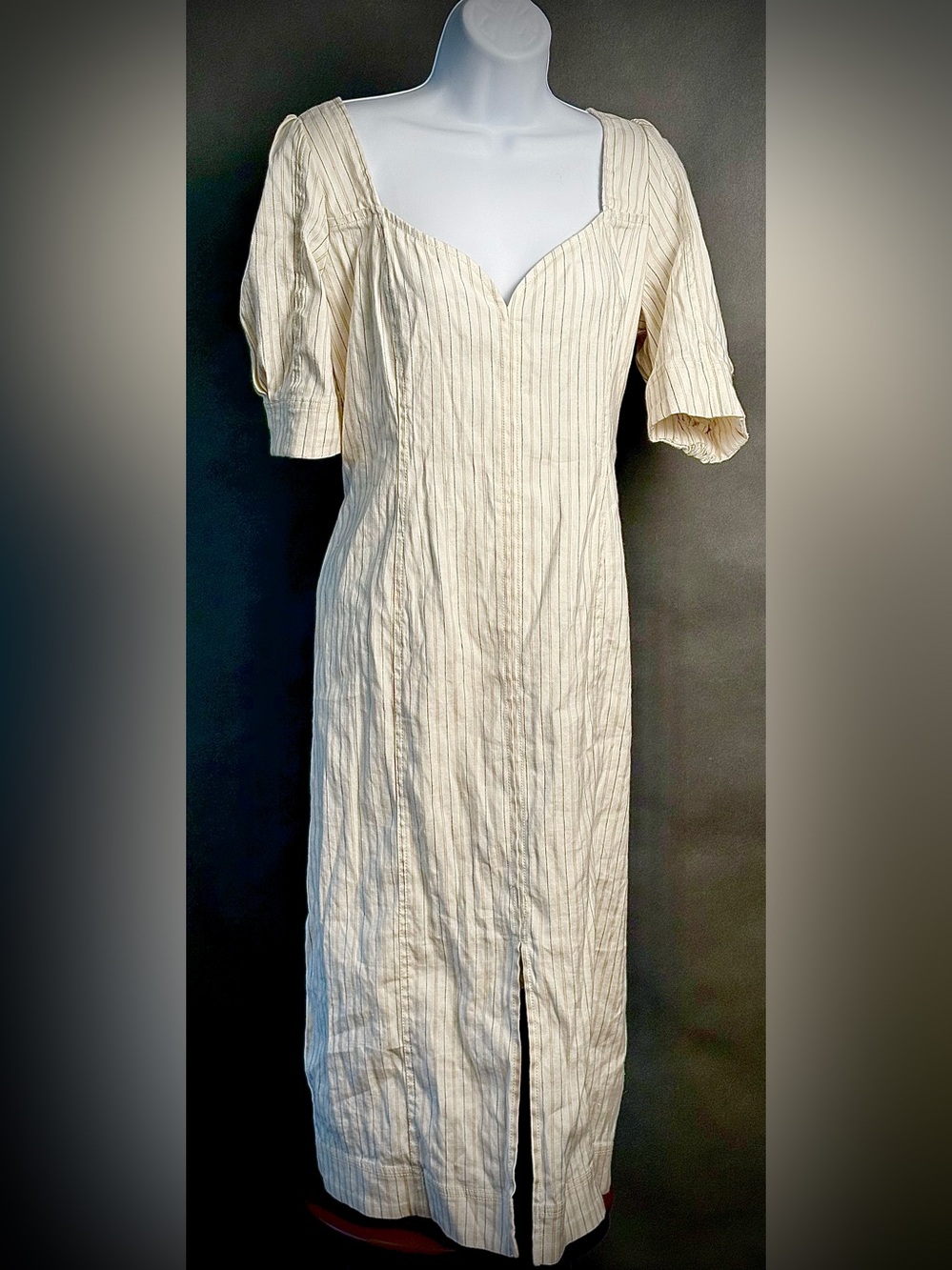 Pilcro Anthropologie Cream Pinstripe Midi Dress XL Petite Puff Sleeve